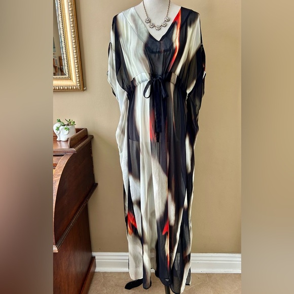 Lenny Niemeyer Abstract Kaftan Maxi Dress Sheer Cover-Up Black Green V-Neck - Picture 1 of 13